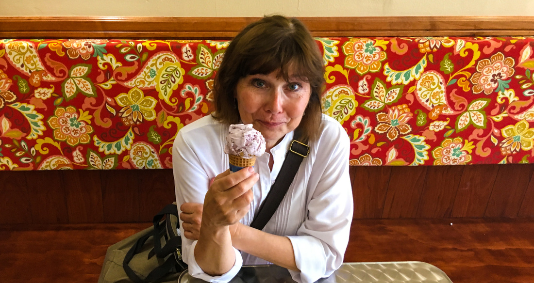 Sacramento's Cornflower Creamery / Karen McCann Enjoying Pride Confetti Ice Cream / Rich McCann / EnjoyLivingAbroad.comPicture
